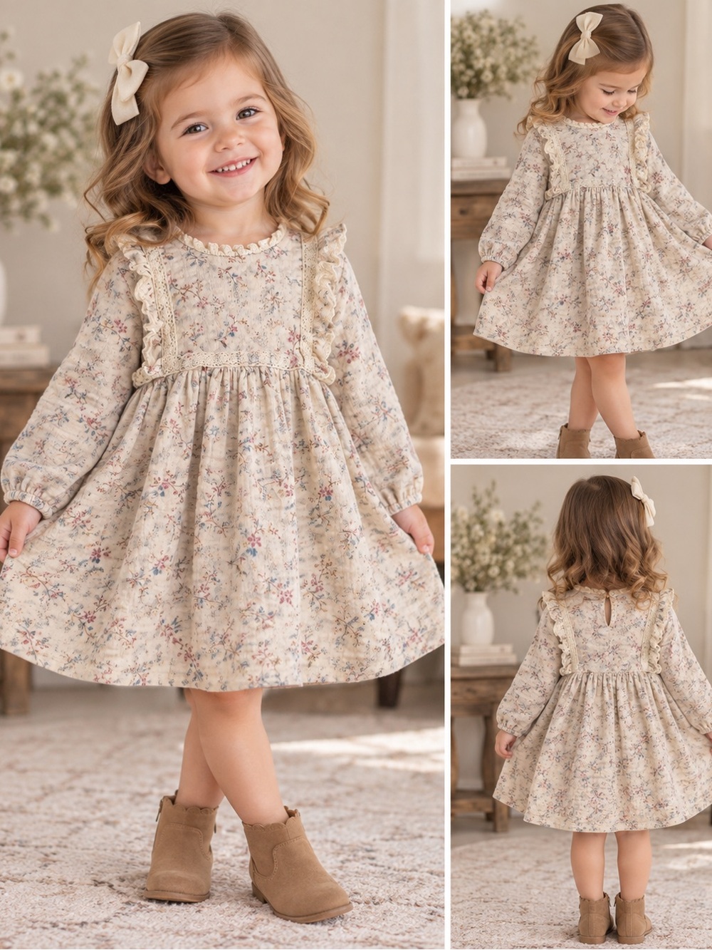 Girls Floral Boho Long Sleeve Dress Cream Size 3T